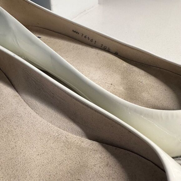 Stuart Weitzman Whiskerlo Pointed Toe Flats in White Patent Leather with Silver - Picture 9 of 11